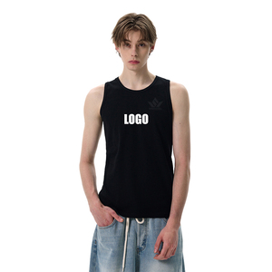 Men's <b>Black</b> Sleeveless <b>Tank</b> <b>Top</b> O-Neck 100% Cotton Knitted Breathable Casual Regular Fit Front Graphic Print Muscle Vest - Product Image 1