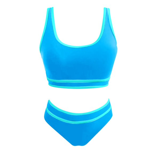Ensemble bikini deux pièces bleu pour femme, col rond, taille haute, couleur unie, bordure contrastante, maillot de bain extensible en Spandex et Polyester - Product Image 1