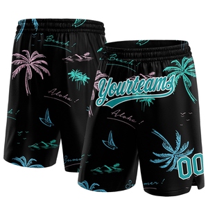 Shorts de basketball authentiques OMMIZ INDUSTRY personnalisés, motif 3D palmiers hawaïens noir-vert-bleu, vente en gros directe - Product Image 1