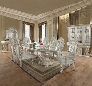 Juego de Comedor Ovalado de Madera de Teca Sólida Plateada de Lujo, Estilo Europeo Clásico Tallado, Ecológico y Duradero, Muebles de Comedor para Hotel - Product Image 1