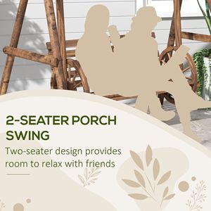 2-Seater Carbonized Brown Wooden Log Patio <b>Swing</b> Chair Bench with Wagon Wheel Armrests Porch <b>Swing</b> A-<b>Frame</b> Stand for Indoor Use - Product Image 5