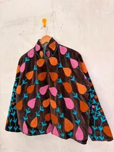<b>Vintage</b> Brown Velvet Embroidered Suzani <b>Jacket</b> with Floral Pattern Full Sleeve Stand Collar Handmade Boho Autumn Coat - Product Image 2
