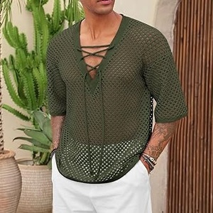 T-shirts et Blouses pour Hommes OEM Personnalisés de Bonne Qualité, à Épaules Tombantes, Effet Usé, en Maille Filet Transparente, Coupe Droite, Manches Courtes Côtelées - Product Image 5