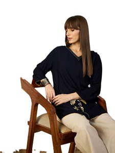 Women's Navy Blue Pure Viscose Kurta with Floral Embroidery Loose Fit <b>Ankle</b> Length Casual Indian Pakistani Ethnic Wear - Product Image 2