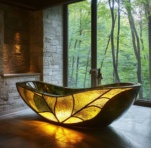 Baignoire en verre moderne en forme de feuille avec un intérieur jaune éclatant et une finition en pierre, disponible à prix de gros. - Product Image 1