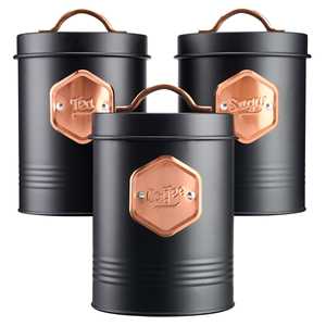 Metal <b>Black</b> & Copper Labelled Containers for Tea Coffee Sugar <b>Canisters</b> for <b>Kitchen</b> - Product Image 1