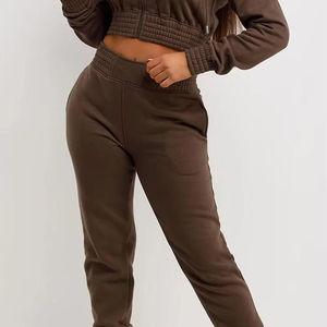 Ensemble de survêtement unisexe marron à col rond et cordon de serrage, haut court, manches longues, couleur unie, pantalon de survêtement imprimé décontracté avec poches latérales, hiver - Product Image 2