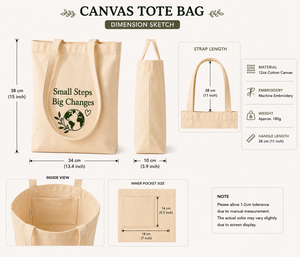 Petits pas, grandes changements : Sac fourre-tout en coton beige brodé de feuilles et de cœurs, écologique, pour le quotidien - Product Image 2