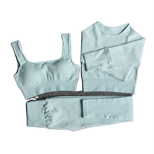 Light <b>Blue</b> 3 Piece Yoga Set Racerback Sports <b>Bra</b> Crew Neck Crop Top High Waist Shorts Ribbed Seamless Activewear - Product Image 1