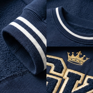 เสื้อสเวตเชิ้ตคอกลมแบบวาร์ซิตี้สีกรมท่าสำหรับผู้ชาย ผ้าฝ้ายพรีเมียมเนื้อนุ่ม ปักลายกราฟิก GK แขนเสื้อแบบริบ สตรีทแวร์ OEM - Product Image 5