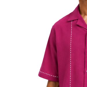 Chemise décontractée d'été pour homme à col cubain, manches courtes, broderie blanche, en coton et lin, boutonnée, style plage, couleur magenta - Product Image 3