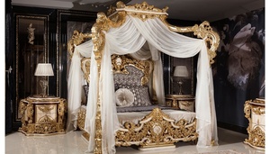 Luxury Royal Mahogany Wood <b>Bedroom</b> Set Gold Carved Four Poster Canopy King Bed with Wardrobe Nightstands and <b>Dressing</b> <b>Table</b> - Product Image 2