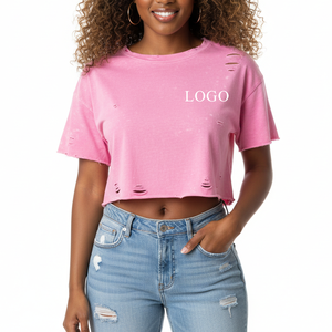 Top Corto Rosa de Alta Calidad para Mujer, Cuello Redondo, Manga Corta, Estampado con Logotipo, Corte Holgado, Estilo Casual, 100% Algodón Tejido, Primavera Verano - Product Image 5