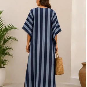 Robes Kimono Décontractées Longues à Rayures Col V pour Femmes, Douces, Respirantes, Tissées, Tenue d'Intérieur d'Automne, Taille Élastique Trois Quarts - Product Image 3