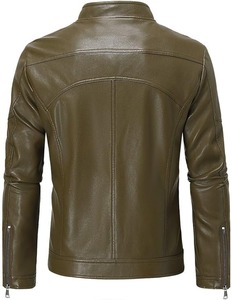 Veste de motard vintage en cuir d'agneau vert olive pour homme, col montant, coupe ajustée, fermeture éclair, vêtements d'extérieur pour l'automne et l'hiver - Product Image 3