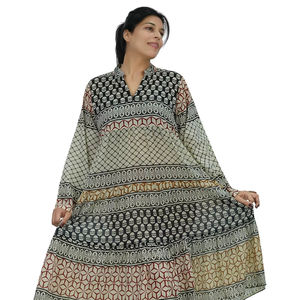 Vestido Maxi Estampado de Algodón para Mujer, Cuello en V, Mangas Largas, Estilo Boho, Transpirable, Informal, para Primavera, Verano y Playa - Product Image 1