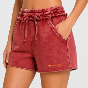 Shorts pour femmes 100% Coton, style vintage, délavés à l'acide, avec logo personnalisé, séchage rapide, respirants, élégants et confortables, vente en gros - Product Image 2