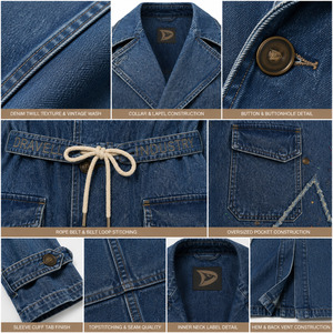 Gabardina de Mezclilla con Lavado Vintage para Hombre y Mujer, Chaqueta Oversize con Estrella de Pedrería y Cinturón de Cuerda Personalizado - Product Image 4
