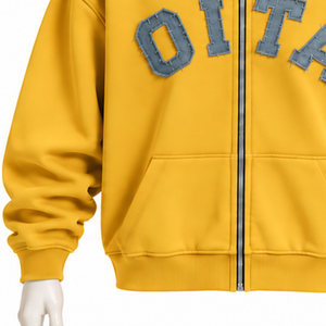 Mustard Mens <b>Full</b> <b>Zip</b> Hoodie Heavyweight Fleece Chenille Letter Patch Oversized Casual Streetwear <b>Sweatshirt</b> with Kangaroo - Product Image 5