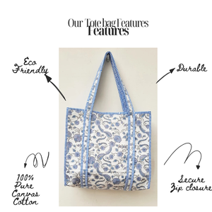 กระเป๋าผ้าฝ้ายพิมพ์ลายด้วยมือ ลายดอกไม้สีฟ้า กระเป๋าชายหาดและช้อปปิ้งแบบเย็บติดกัน ขนาด 14x16 นิ้ว เป็นมิตรกับสิ่งแวดล้อม ใช้ซ้ำได้ รับสกรีนโลโก้ - Product Image 4