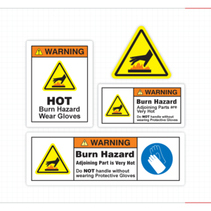 Burn Hazard Warning Signs And Hot Surface Safety Labels Set With Wear Gloves Icons - Product Image 1