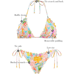 Conjuntos de Bikini Personalizados OEM para Mujer, Estampado Floral, Borde con Volantes, Top Triangular, Tanga de Corte Alto, Traje de Baño Sexy de Dos Piezas, Venta al Por Mayor - Product Image 4