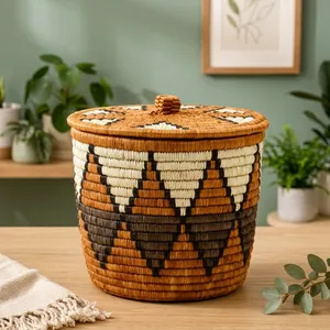 Panier à linge rond en rotin tressé à la main avec couvercle et poignées, rangement écologique, couleur naturelle, usage domestique, Orissa SSD Market - Product Image 3