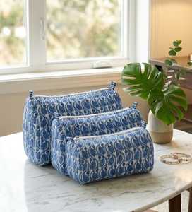 Juego de 3 Bolsas de Cosméticos Acolchadas de Algodón con Estampado Artesanal, Diseño Paisley Azul, con Cierre, Kit de Neceser, Elite Craft Studio Mini - Product Image 4