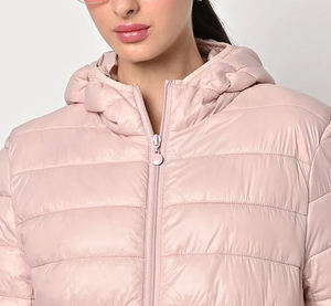<b>Light</b> Pink Hooded Puffer Jacket Women's Winter Casual Outerwear Solid Color Polyester <b>Shell</b> Zipper Closure Thin Fit - Product Image 5