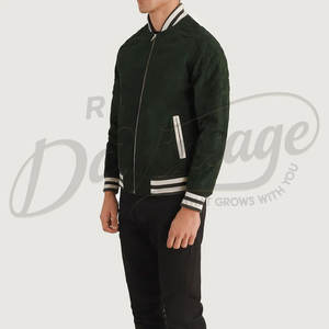 Blouson bomber en daim véritable vert foncé pour homme avec poignets côtelés rayés et design minimaliste ajusté - Product Image 5