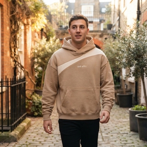 Sudadera con Capucha para Hombre, Color Beige Crema con Rayas, de Algodón y Felpa, con Logotipo Personalizado, Estilo Urbano, Informal, para Invierno - Product Image 6