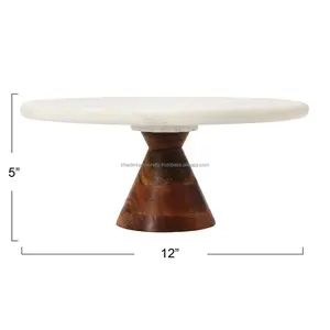 Présentoir à gâteaux rond en bois fabriqué à la main avec accents en pierre naturelle, présentoir de cuisine de style piédestal rustique pour la maison et les fêtes - Product Image 3