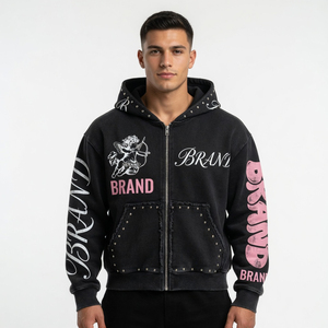 Custom Brand <b>Black</b> Zip-Up <b>Hoodie</b> With Angel Print And Studded Pockets Streetwear Style Unisex Regular Fit Autumn Wear - Product Image 3
