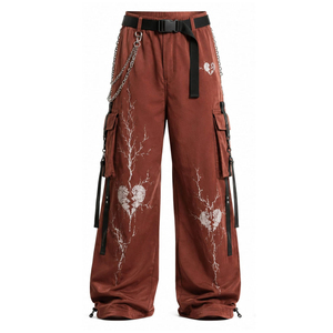 Embroidery Dark Blue Silk Screen Printing Loose Fit Men's Gothic Cargo Pants Mid Waist Plus Size Wide Leg Metal Ring Spring - Product Image 1