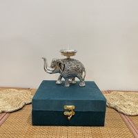 Artisanat en métal, éléphant plaqué argent sur support chauffe-plat, avec emballage coffret cadeau