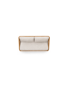 Canapé d'extérieur minimaliste en rotin deux places avec pieds en bois et coussins en tissu gris, mobilier de jardin durable - Product Image 3