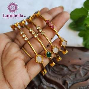 Gold Plated Navarathna Oval Bangles with Zircon and Pearl-Ethnic Trendy Bracelet - Product Image 1