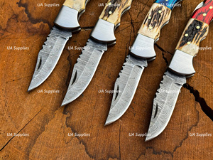 Damascus Steel Folding Knife Set With Elk Horn Handle Serrated Drop Point Hunting Knife EDC Pocket Knife 4-Pack - Product Image 5