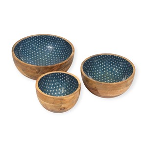 Juego de Tres Tazones de Madera con Interior Esmaltado en Azul con Diseño Geométrico para Cocina Moderna, Comedor y Servicio Elegante - Product Image 1