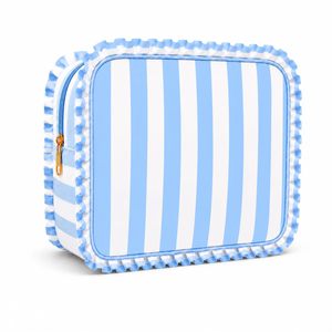 Pochette cosmétique rayée bleue, pochette à maquillage à volants, organiseur de toilette à fermeture éclair, étui de rangement de voyage - Product Image 1