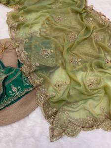 Designer Party Wear Multi Sequence And Thread Embroidery Work Moss Chiffon Saree Paired With Banglori <b>Silk</b> Embroidered Blouse - Product Image 5