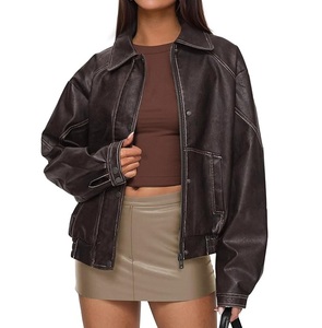 Women's Black PU Leather Bomber Jacket With <b>Zipper</b> Closure Turn Down Collar Full Sleeve Autumn Style - Product Image 1