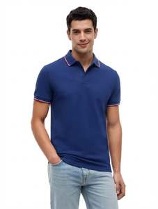 Polo à manches courtes gris pour homme avec bordure rouge en jersey de coton, coupe décontractée, tricot uni - Product Image 2