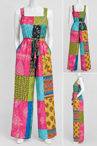 Mono bohemio de patchwork para mujer, transpirable, estampado, sin mangas, cuello cuadrado, cintura alta, largo completo, de algodón, para uso diario en verano - Product Image 3