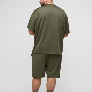 Men Summer Two-Piece Set Olive Green Crew Neck T-Shirt & <b>Shorts</b> Quick Dry Knitted <b>Polyester</b> Casual Wear Customizable Summer set - Product Image 2