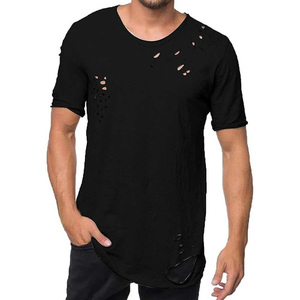 T-shirts décontractés pour hommes, coton délavé vintage, effet usé, détails déchirés, tissu doux et respirant, tenue d'été - Product Image 1