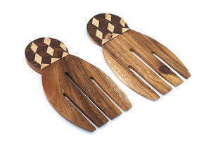 Ensemble de cuillères à salade artisanales en bois de Suar de qualité alimentaire, écologiques, avec incrustation de coquille de noix de coco, motif échecs, ustensiles de cuisine naturels - Product Image 2