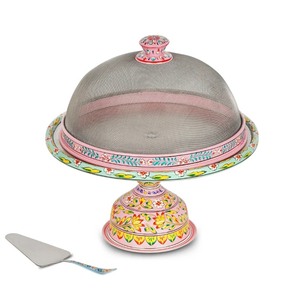 Support à gâteau en métal fait main avec motif floral et couvercle en dôme en maille, forme ronde, base rose, motif décoratif, ensemble de 2 pièces - Product Image 1