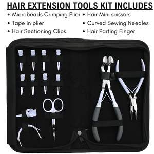 Kit profesional de herramientas para extensiones de cabello blanco con pinzas para cinta adhesiva, pinzas para microperlas, agujas de separación con anillo para dedo y tijeras. - Product Image 2