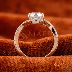 14K/18K Rose Gold Round Cut Engagement <b>Ring</b> with Wave <b>Split</b> Shank & Pavé Halo | Romantic Bridal <b>Ring</b> for Women - Product Image 3
